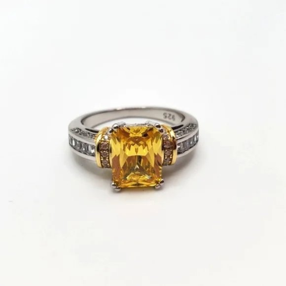 14k Yellow Gold 925 Sterling Silver Emerald Cut Yellow Engagement Ring Size 7 - Picture 1 of 6